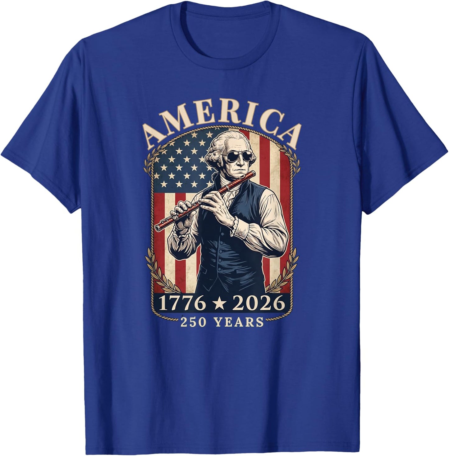 George Washington Sunglasses Flute 1776-2026 250 Years T-Shirt - T-Shirt | Royal