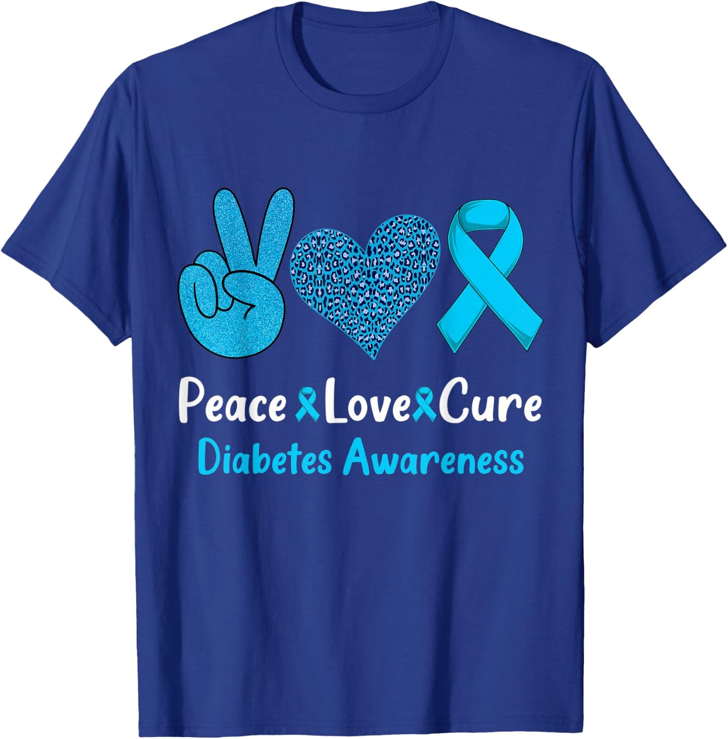 Peace Love Cure Diabetes Awareness Leopard Men Women Kid T1D T-Shirt - T-Shirt | Royal