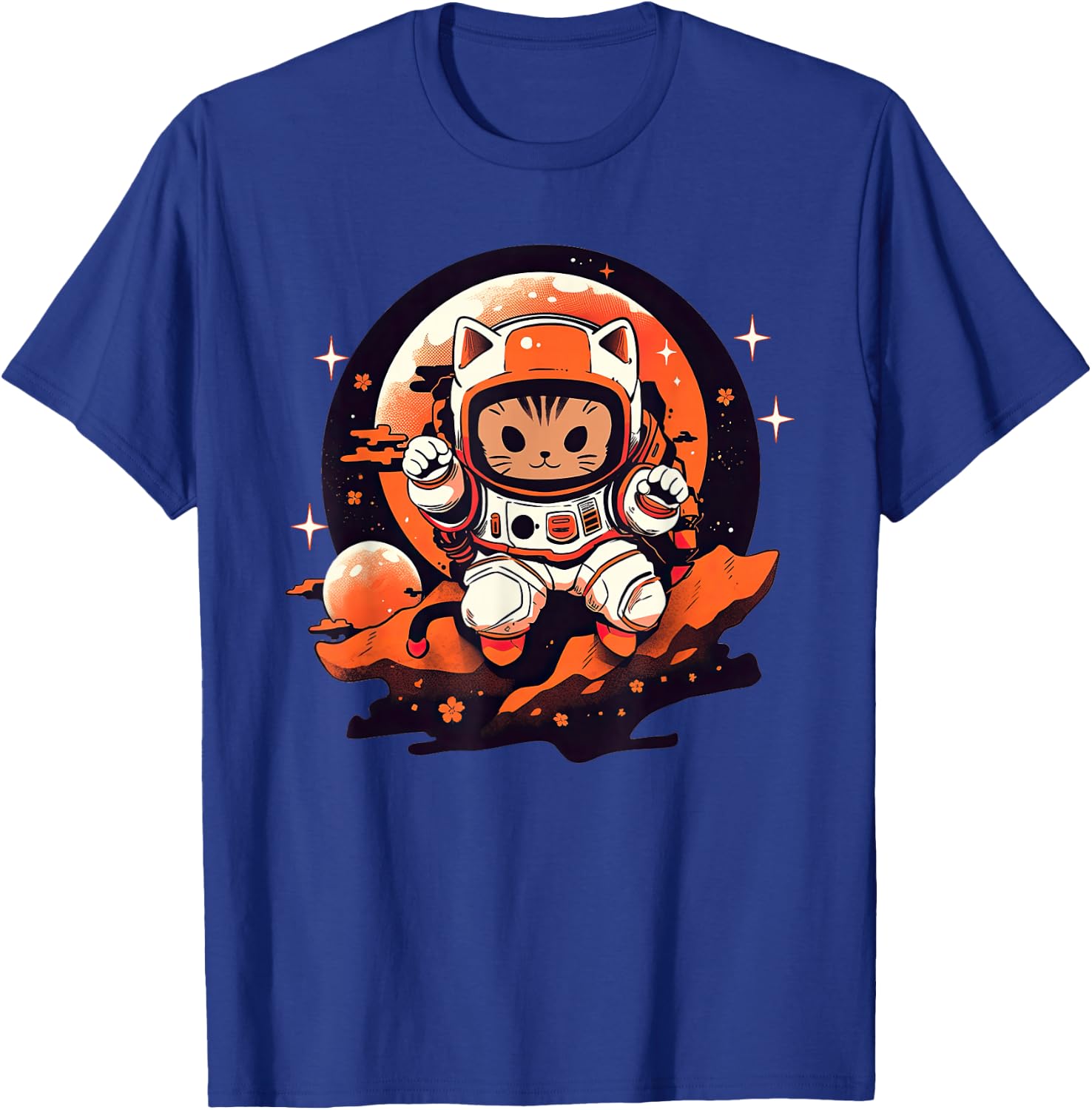 Kawaii Space Cat Retro Astronaut Cute Kitty Neko Cat Stars T-Shirt - T-Shirt | Royal