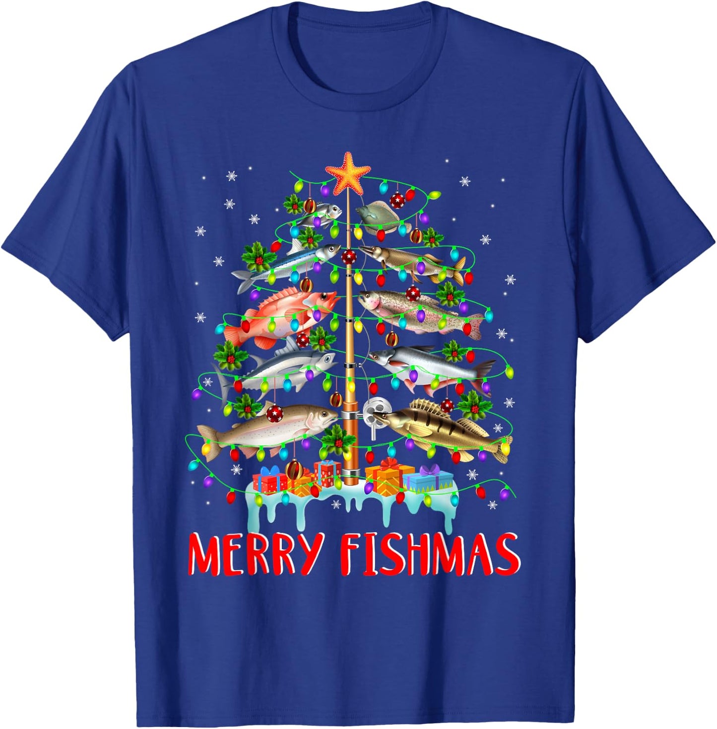 Merry Fishmas Funny Christmas Tree Lights Fish Fishing Rod T-Shirt - T-Shirt | Royal