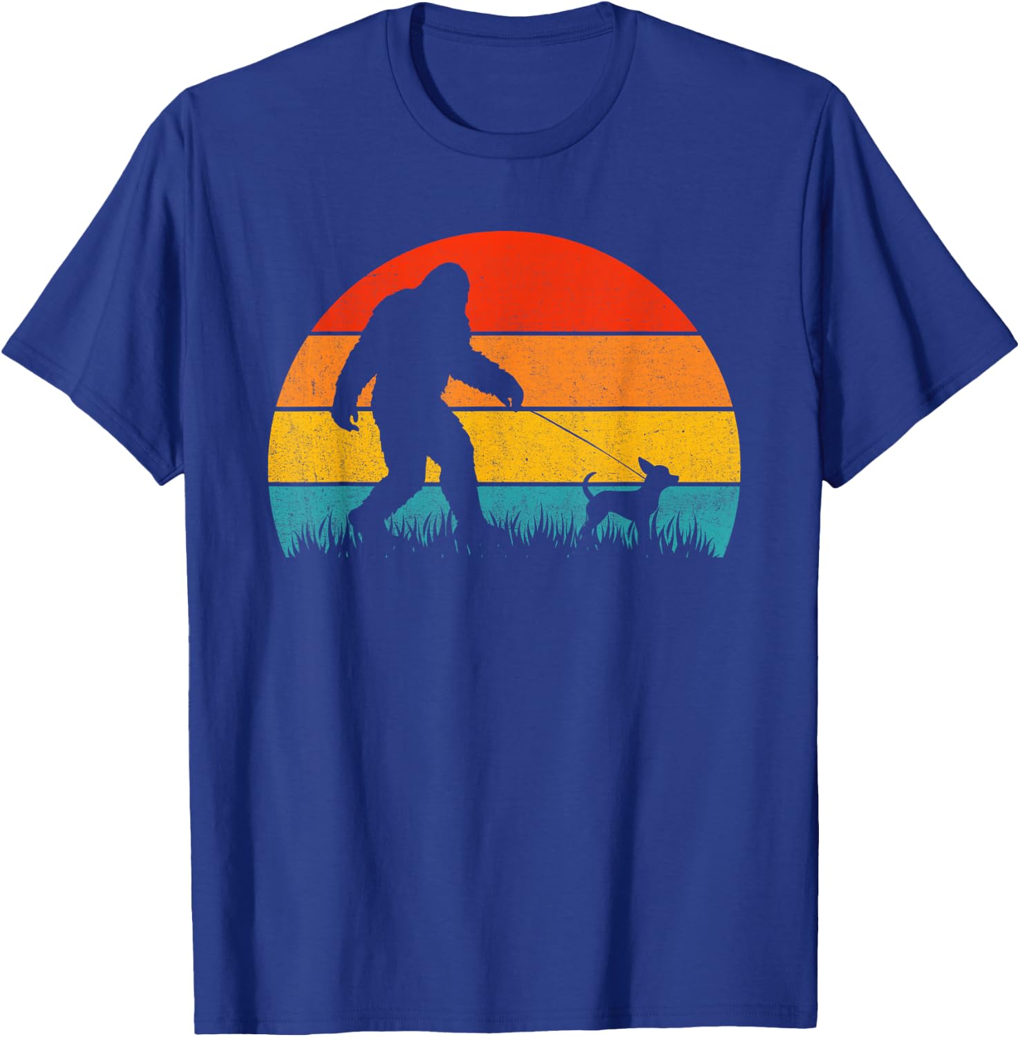 Bigfoot Walking Retro Sunset Off Sasquatch & Chihuahua Dog T-Shirt - T-Shirt | Royal