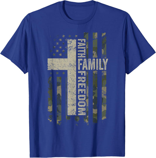 Faith Family & Freedom - Patriotic Christian Camo USA Flag T-Shirt - T-Shirt | Royal