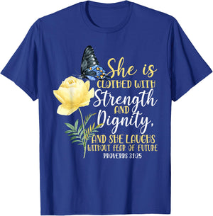 Christian Bible Verse Butterfly Rose Flower Proverbs 31:25 T-Shirt - T-Shirt | Royal