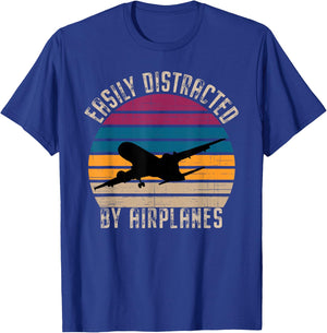 Easily Distracted By Airplanes Aviation Pilot Airplane Lover T-Shirt - T-Shirt | Royal