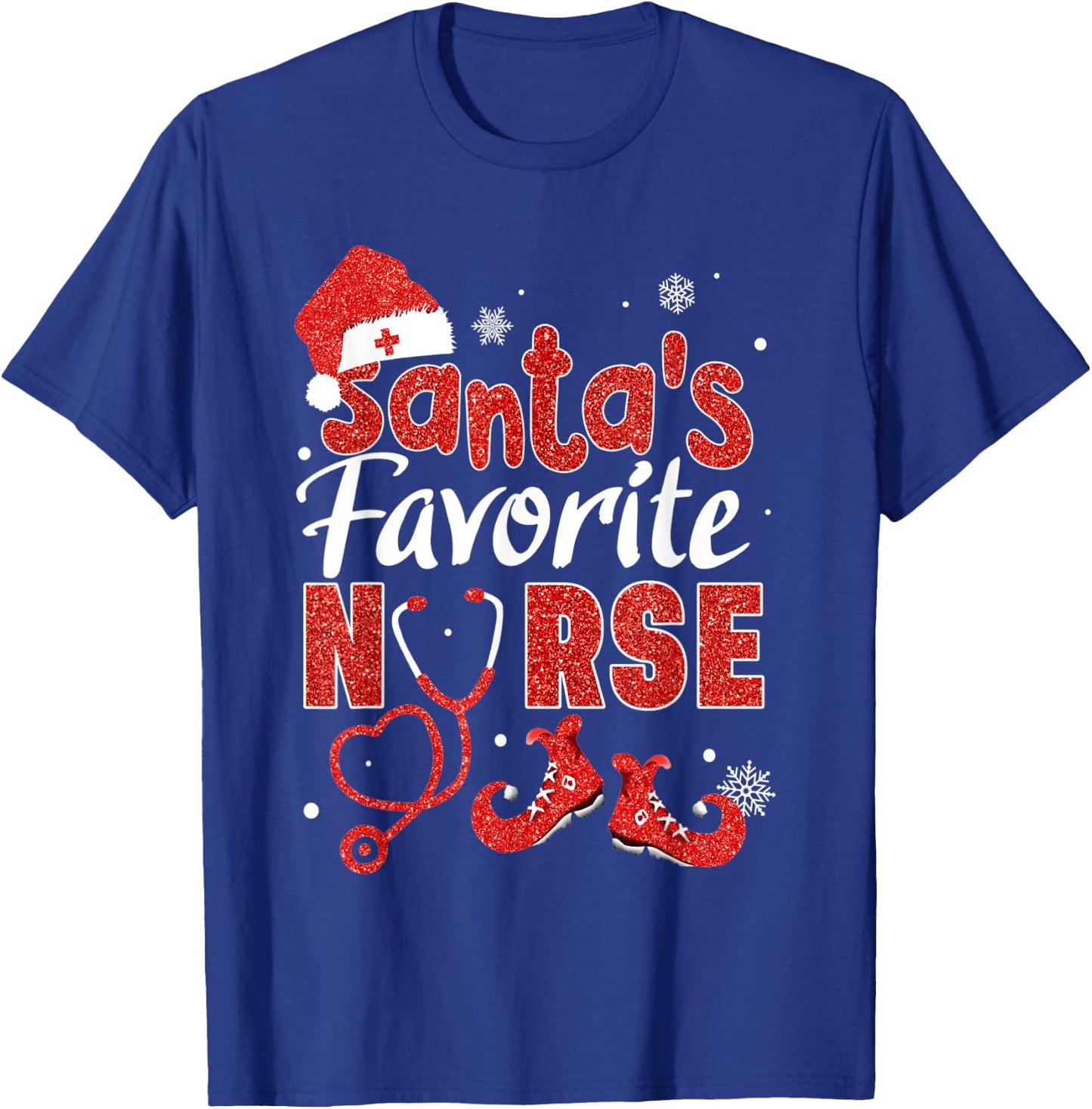 Santa's Favorite Nurse Red Glitter Christmas Pajamas Xmas T-Shirt - T-Shirt | Royal