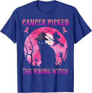 Cancer Picked The Wrong Witch Breast Cancer Halloween Cat T-Shirt - T-Shirt | Royal