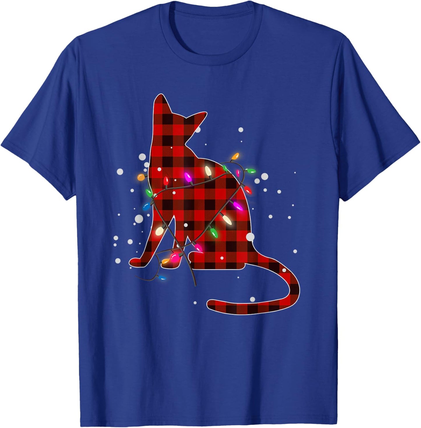 Red Buffalo Plaid Cat Christmas Pajamas Xmas Tree Lights Women Kids T-Shirt - T-Shirt | Royal