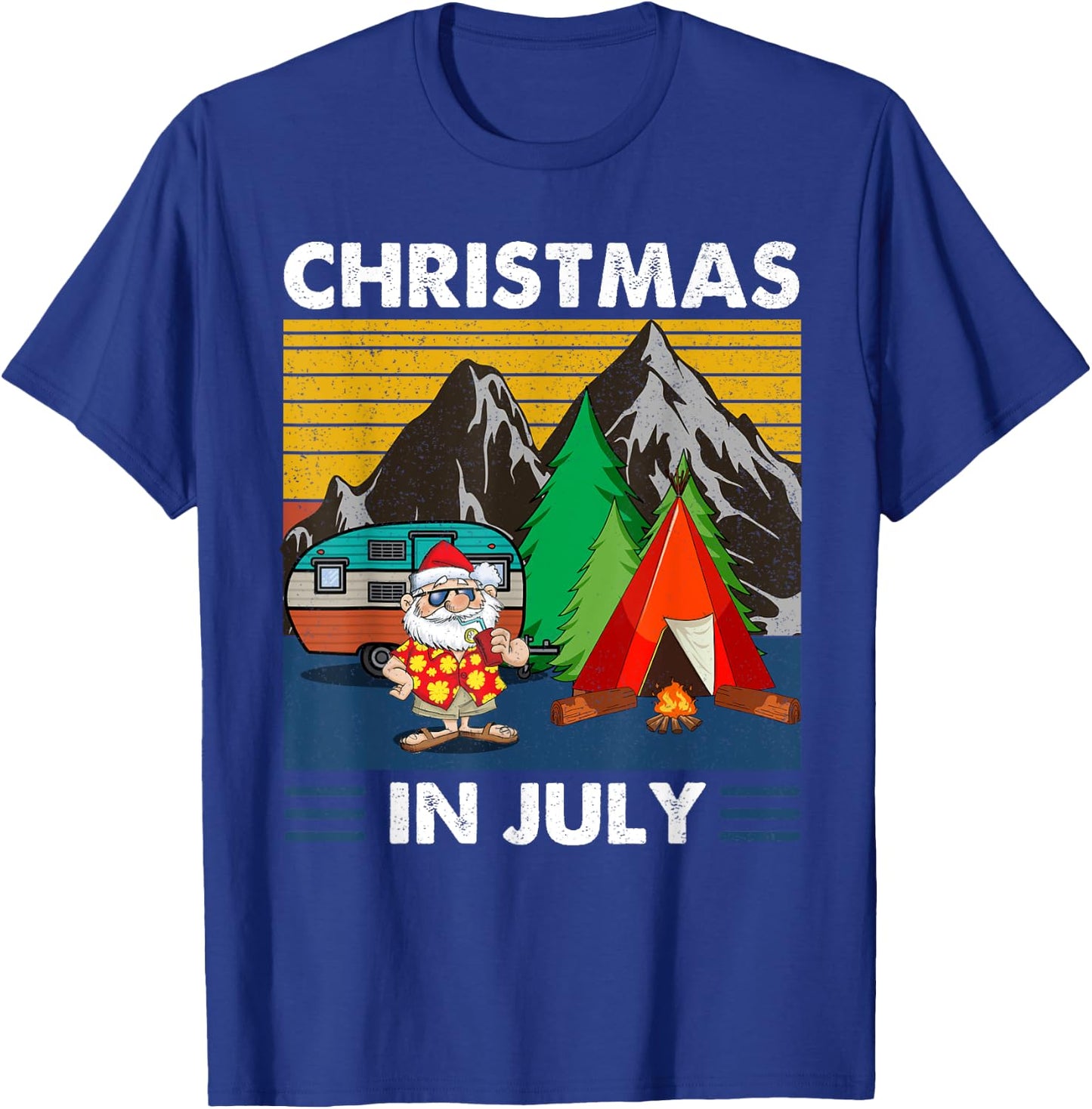 Vintage Santa with Camping Tent Fire Camp Christmas in July T-Shirt - T-Shirt | Royal