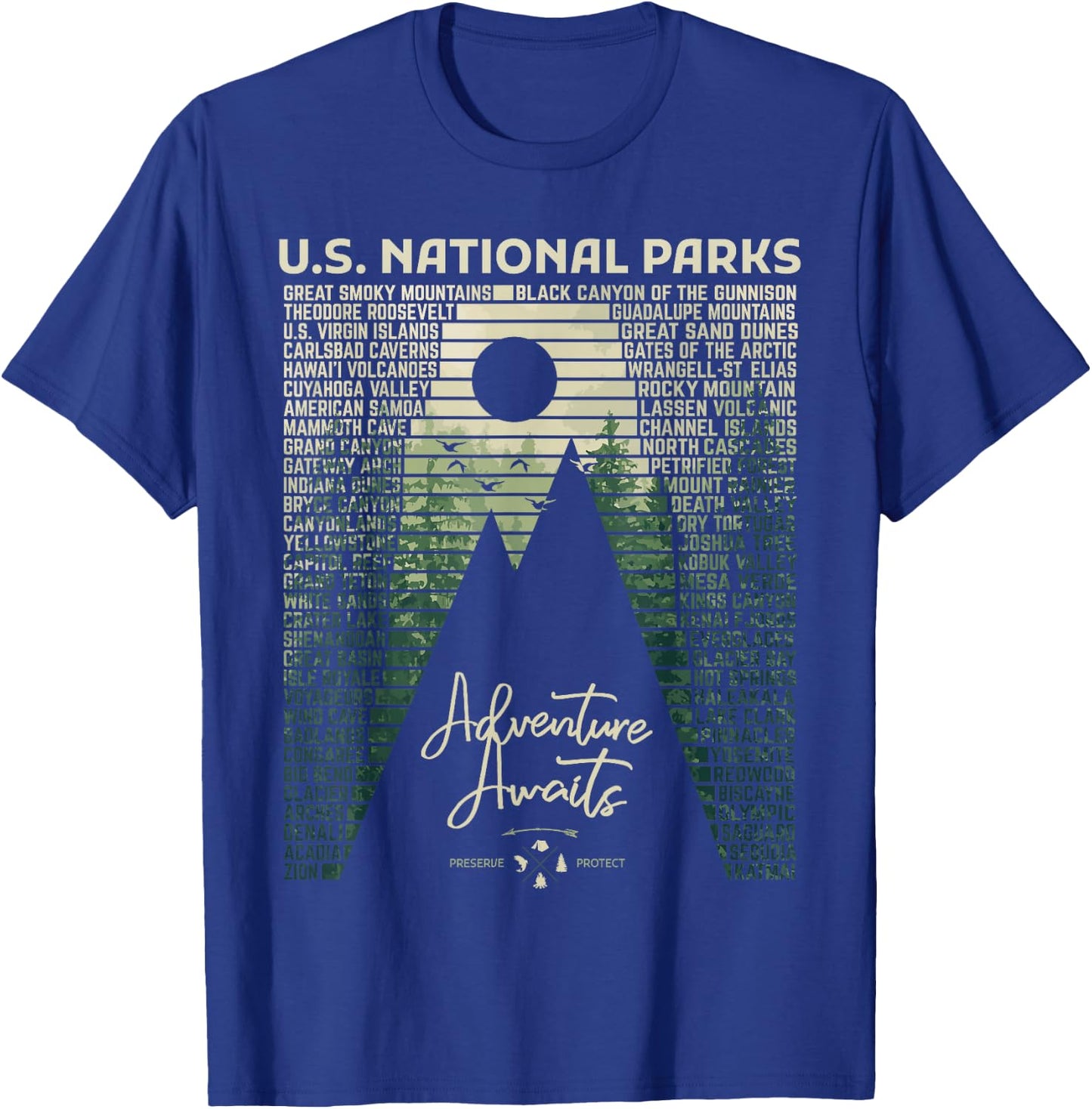 National Parks List US Park Vintage Camping Hiking Men Women T-Shirt - T-Shirt | Royal