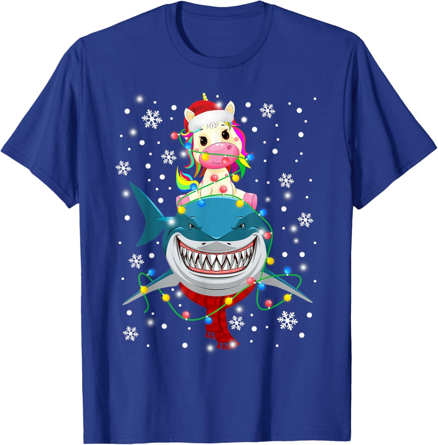 Unicorn Riding Shark Christmas Lights Gift Kids Boy Girl T-Shirt - T-Shirt | Royal