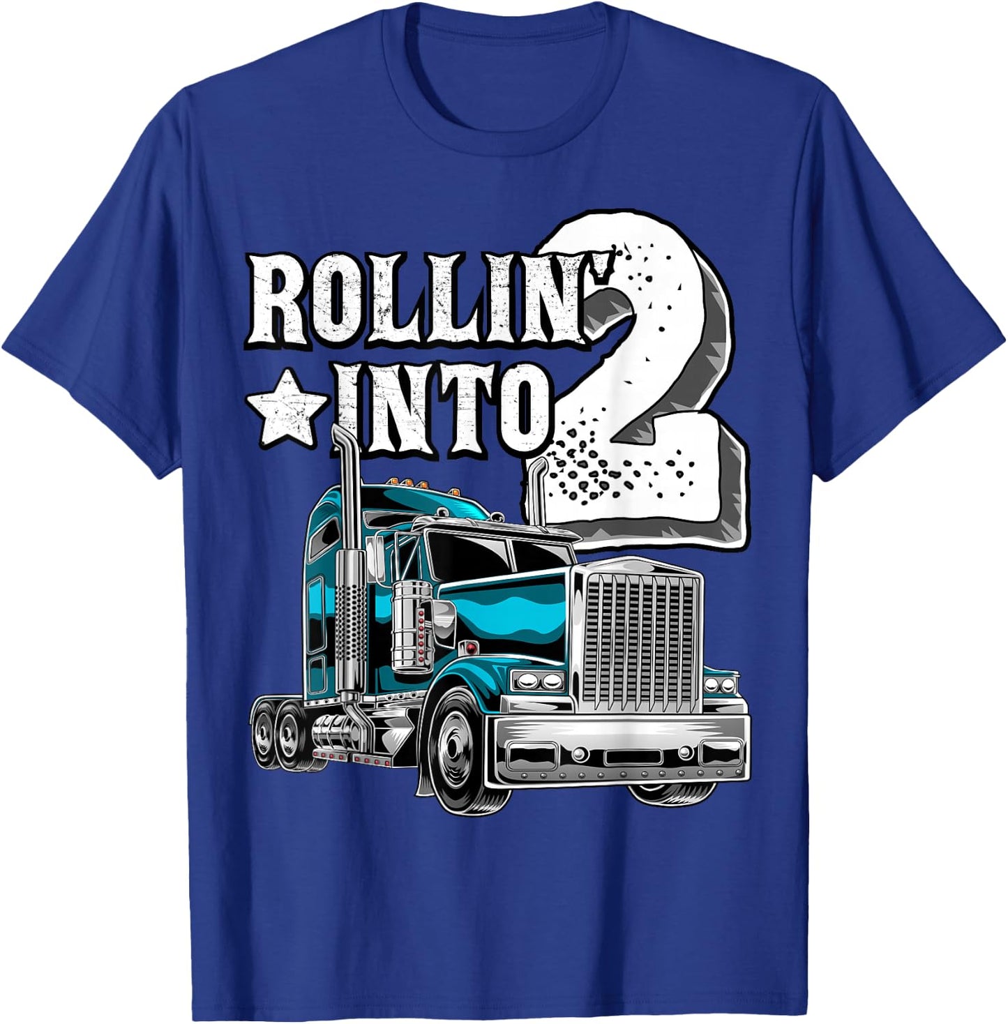 Rollin into 2 Big Rig Semi-Trailer Truck 2nd Birthday Gift T-Shirt - T-Shirt | Royal