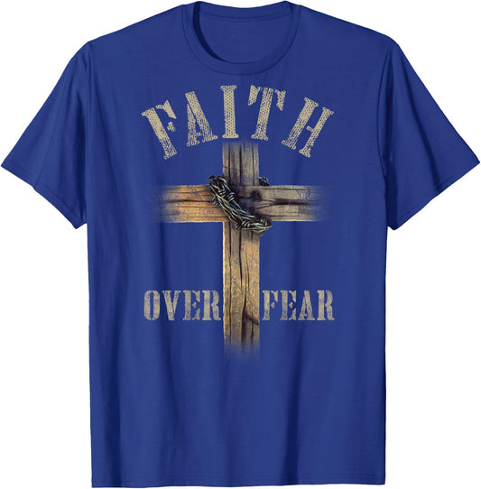 Faith Over Fear American Christian Cross God Jesus (on Back) T-Shirt - T-Shirt | Royal