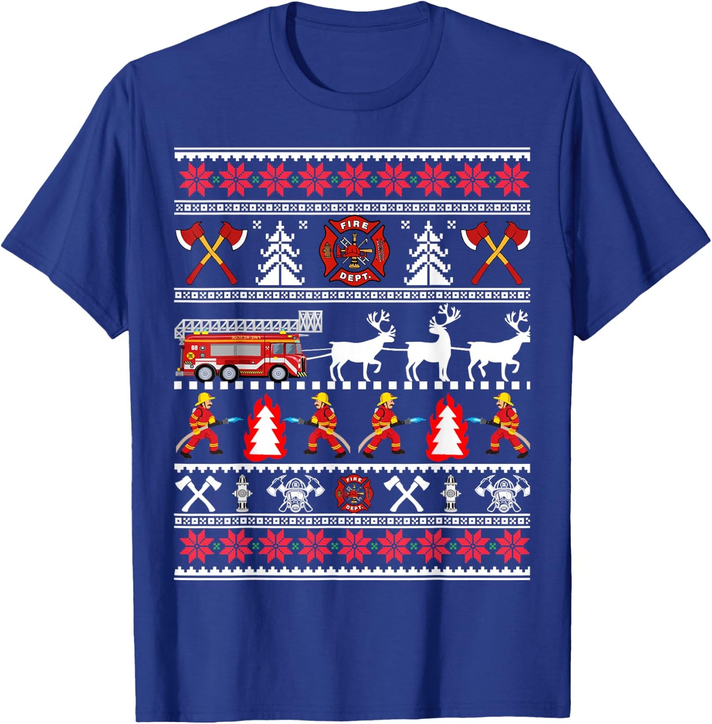 Firefighter Ugly Christmas Sweater, Fireman Fire Department T-Shirt - T-Shirt | Royal