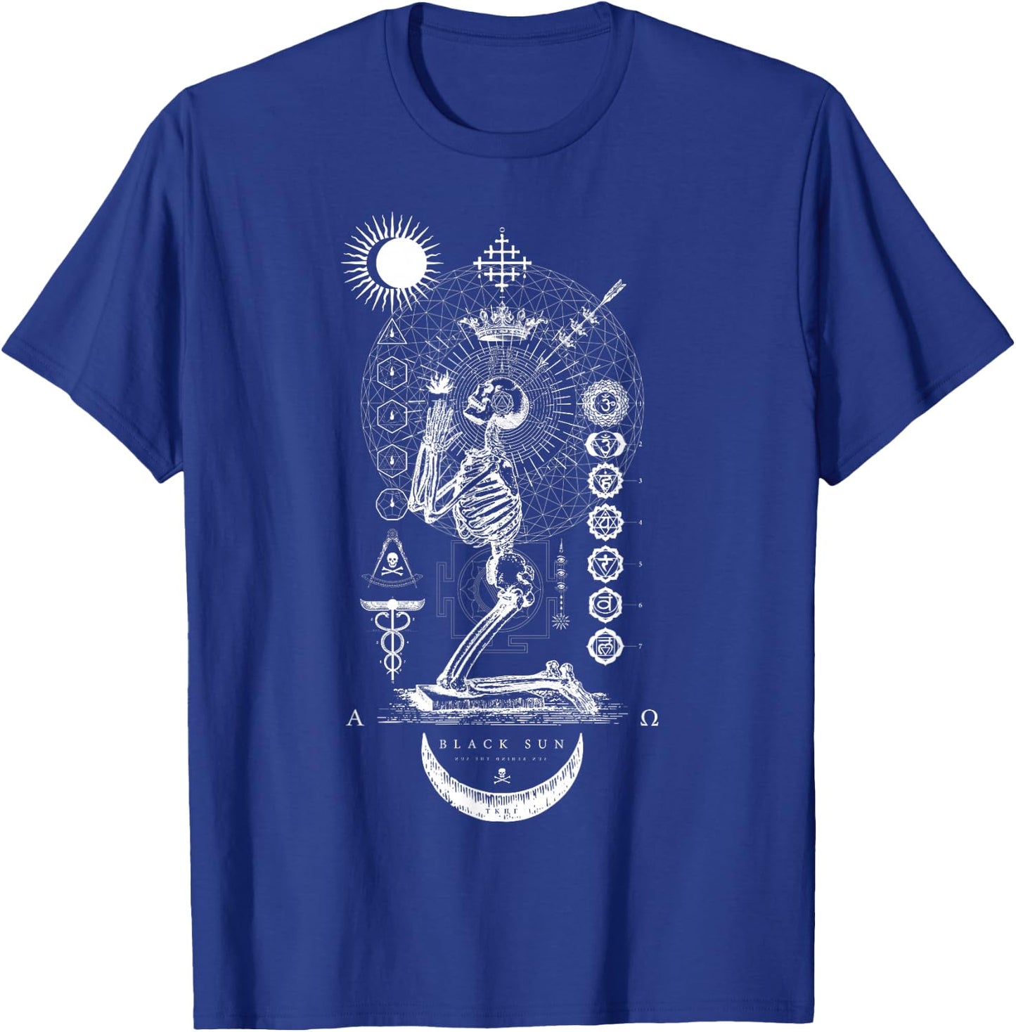 Black Sun Praying Skeleton - Occult Sacred Geometry T-Shirt - T-Shirt | Royal