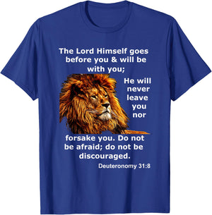 Deuteronomy 31:8 Christian Lion Bible Scripture Verse T-Shirt - T-Shirt | Royal