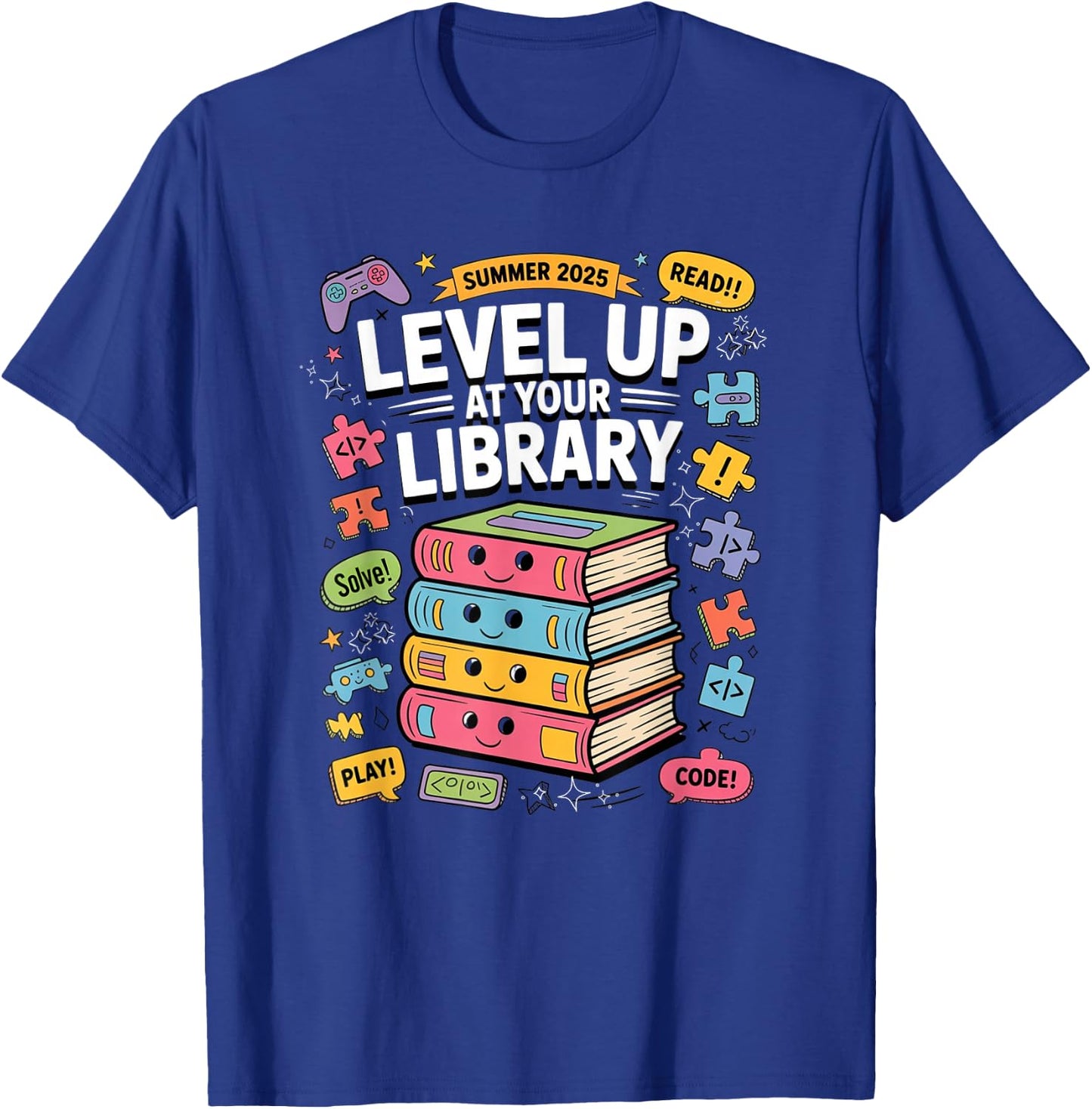 Level up at your Library Challenge Summer 2025 Read Code T-Shirt - T-Shirt | Royal