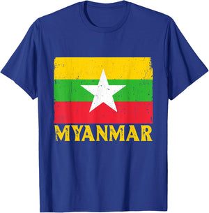 Distressed Retro Myanmar Flag Men Women Kids Patriotic T-Shirt - T-Shirt | Royal