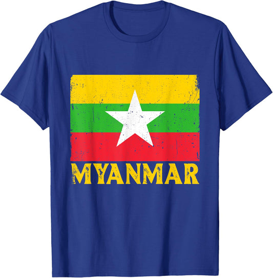 Distressed Retro Myanmar Flag Men Women Kids Patriotic T-Shirt - T-Shirt | Royal