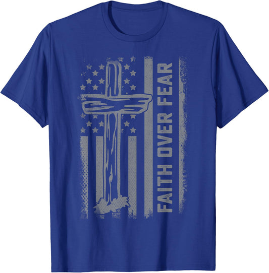 Christian US Flag Cross Faith Over Fear Men Women Kids T-Shirt - T-Shirt | Royal