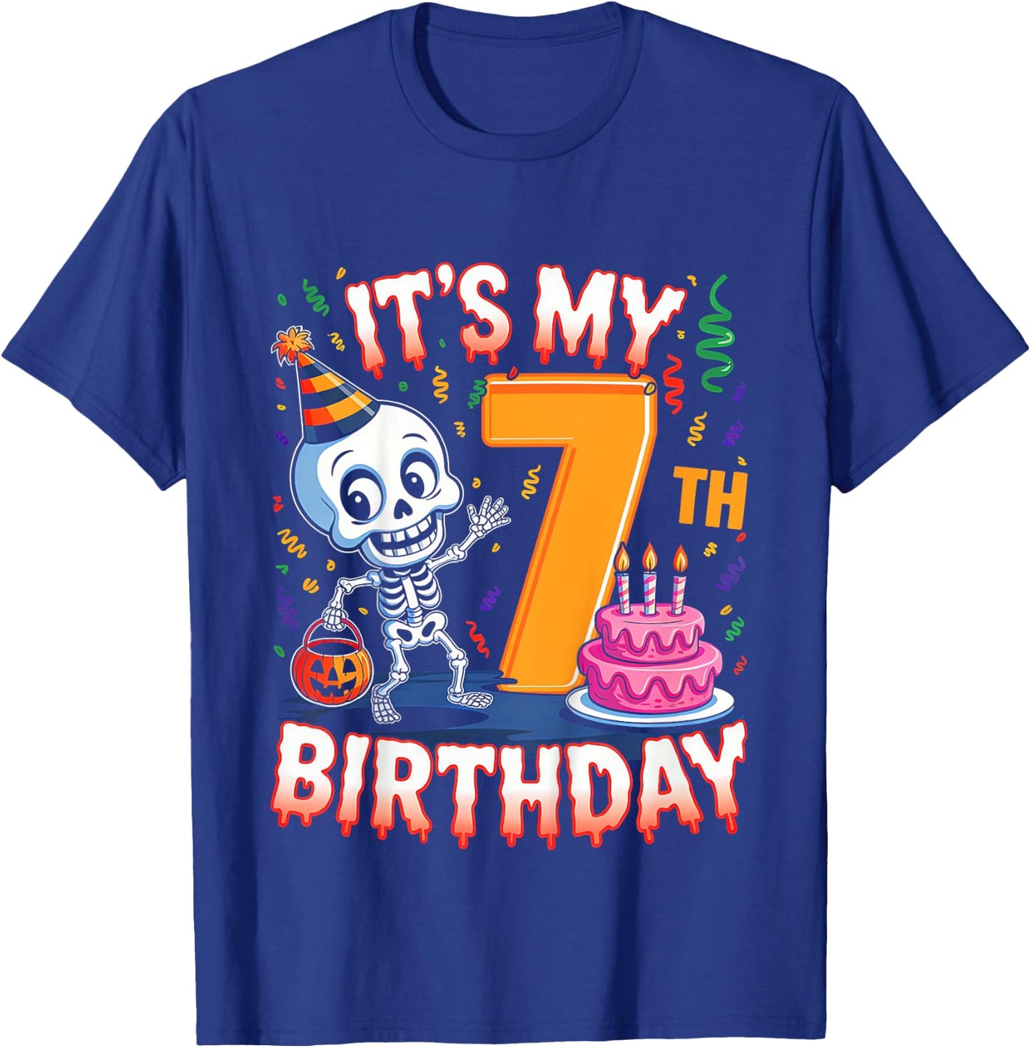 Kids Boo It's My 7th Birthday Halloween Skeleton 7 Years Old T-Shirt - T-Shirt | Royal