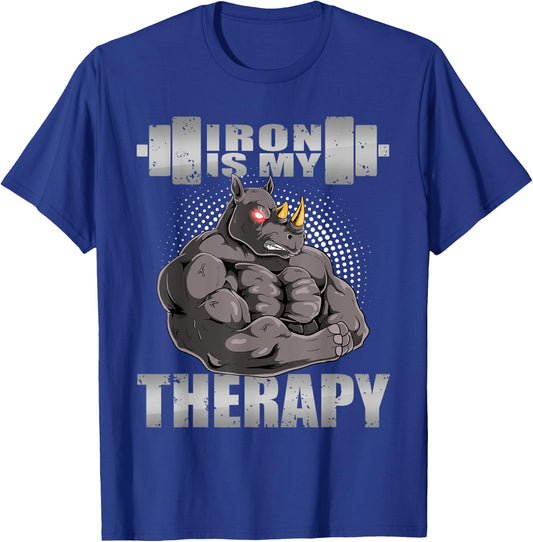 Rhinoceros Rhino Powerlifter Workout Gym Iron Is My Therapy T-Shirt - T-Shirt | Royal
