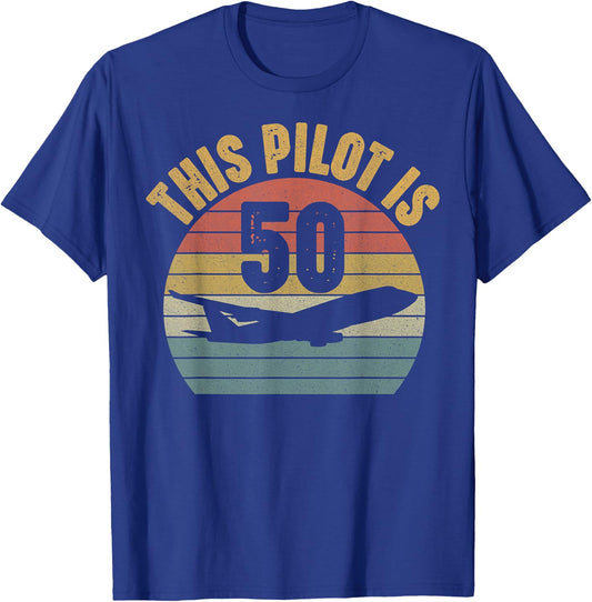 50 Year Old Airplane Pilot 50th Birthday Aviation Bday Party T-Shirt - T-Shirt | Royal