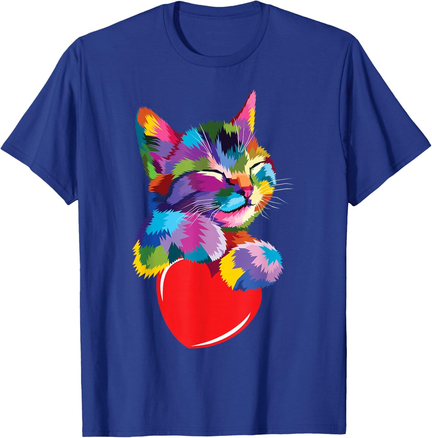Color Critters Rainbow Cute Cat Hugging Valentine Heart Kitty Love Cat Adult Multicolor Cotton 65% Polyester 35% Short Sleeve T-Shirt - T-Shirt | Royal