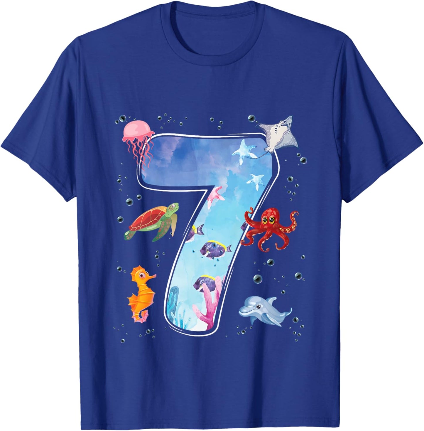 Kids 7th Birthday Party Ocean 7 Year Old Sea Fish Aquarium Boy T-Shirt - T-Shirt | Royal