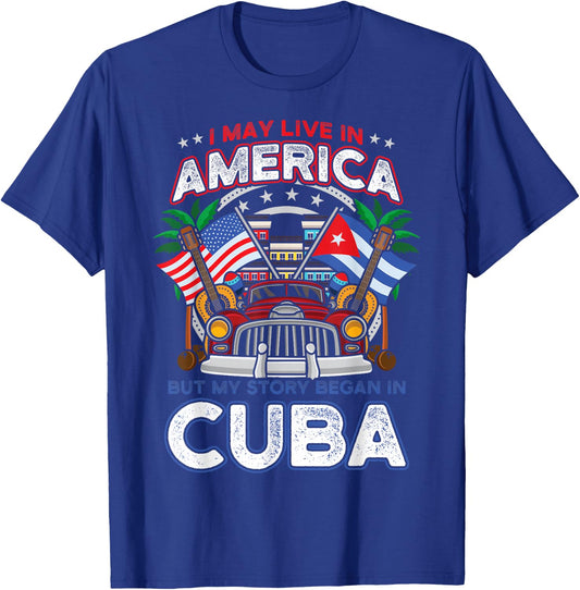 My Story Began in Cuba American Cuban Flag Roots Classic Car T-Shirt - T-Shirt | Royal