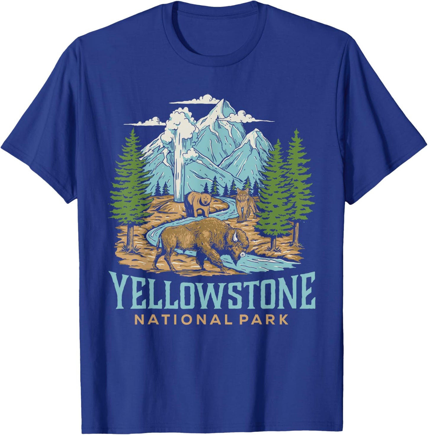 Yellowstone US National Park Wolf Bison Bear Vintage Gift T-Shirt - T-Shirt | Royal