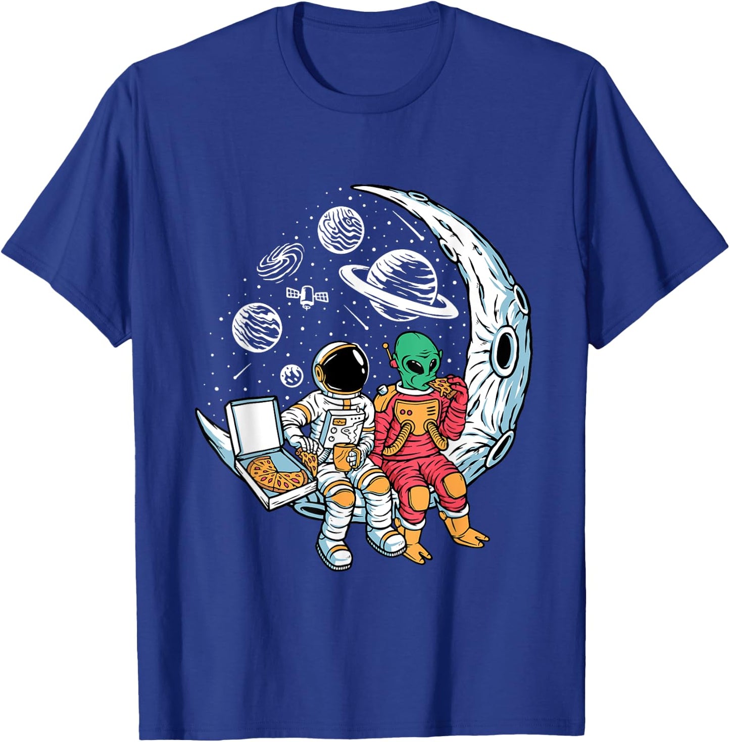 Astronaut Alien Eating Pizza in Space Chilling on the Moon T-Shirt - T-Shirt | Royal