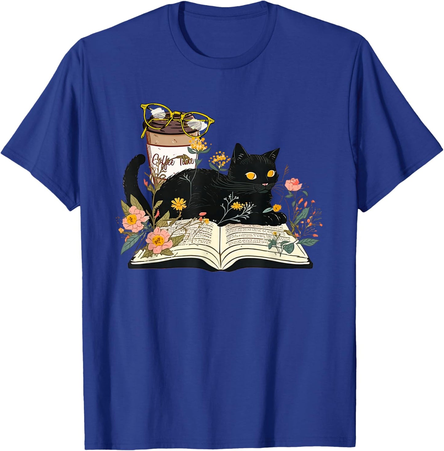 Coffee Kitty Cat and Book Lover Reader Gifts Books Reading T-Shirt - T-Shirt | Royal