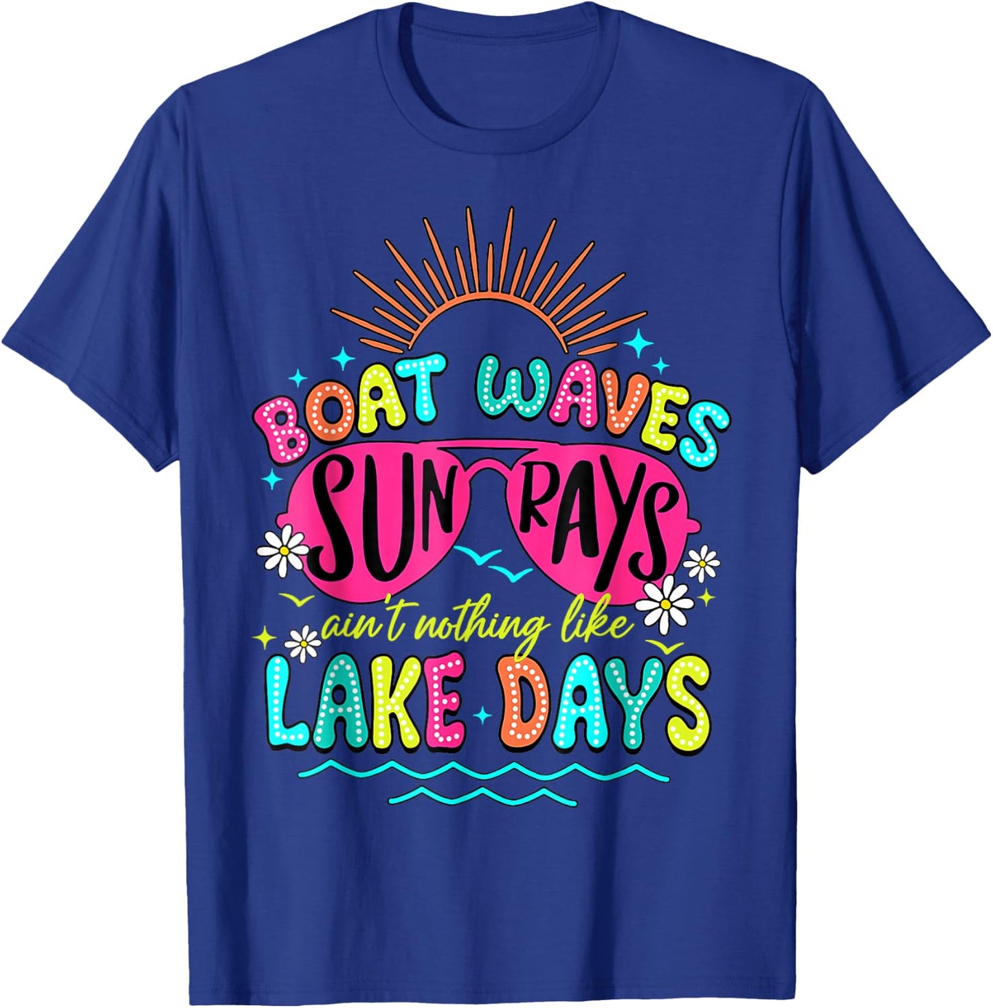 Boat Waves Sun Rays Lake Days Retro Summer Vacation Matching T-Shirt - T-Shirt | Royal