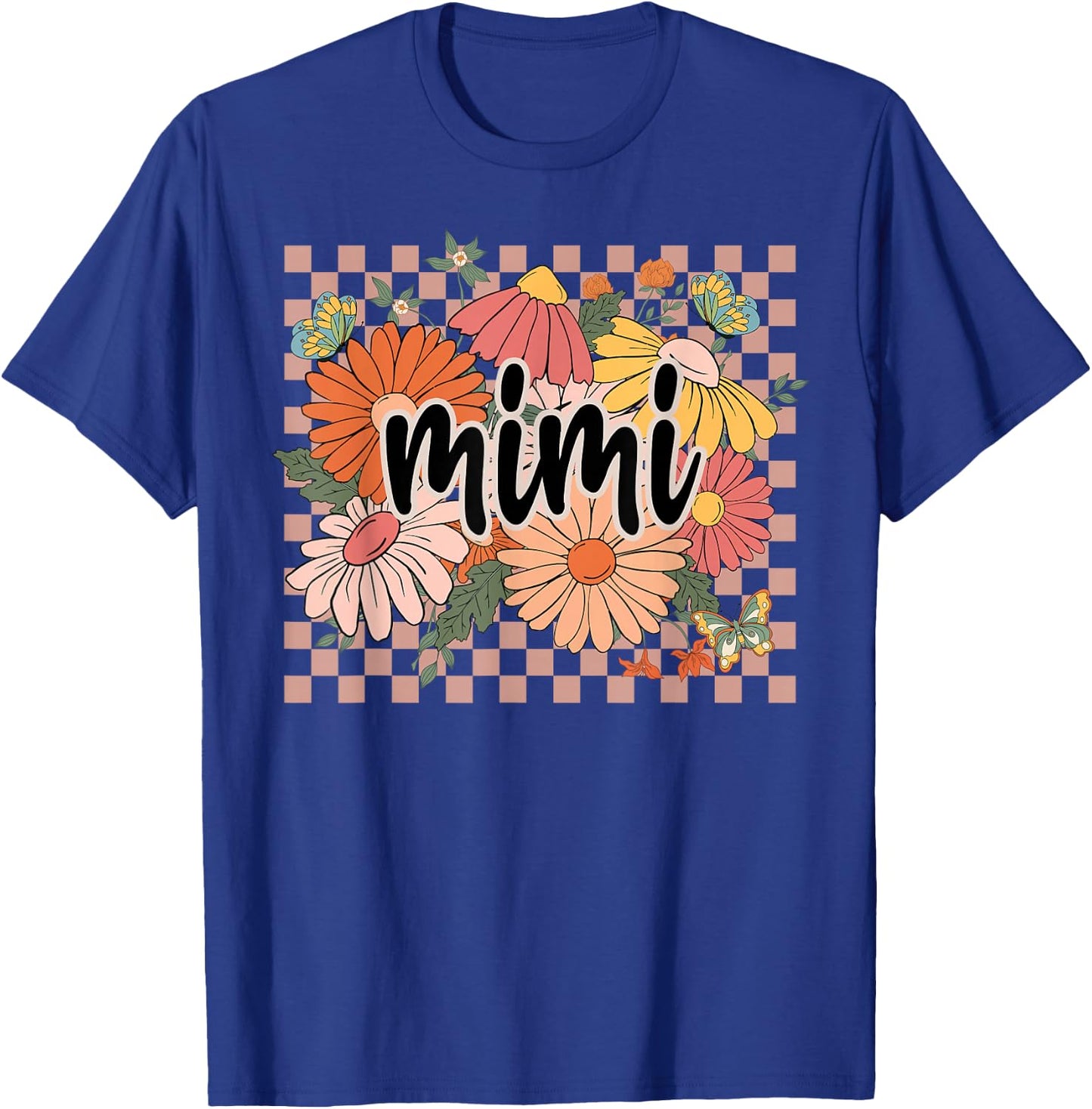 Mimi Floral Mother's Day Wildflower Girl Women Checkered T-Shirt - T-Shirt | Royal