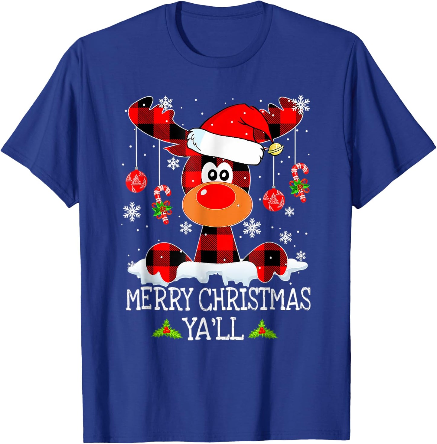 Merry Christmas Ya'll Reindeer Santa Hat Buffalo Red Plaid T-Shirt - T-Shirt | Royal
