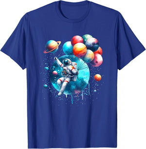 Astronaut Holding Planet Balloons Boys Girls Kids T-Shirt - T-Shirt | Royal