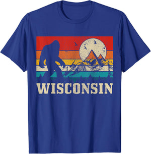 Wisconsin Bigfoot Vintage Mountains Hiking Hunter Gift T-Shirt - T-Shirt | Royal