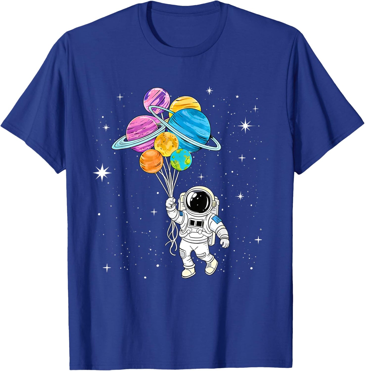 Astronaut Holding Planet Balloons - Funny Astronomy Space T-Shirt - T-Shirt | Royal