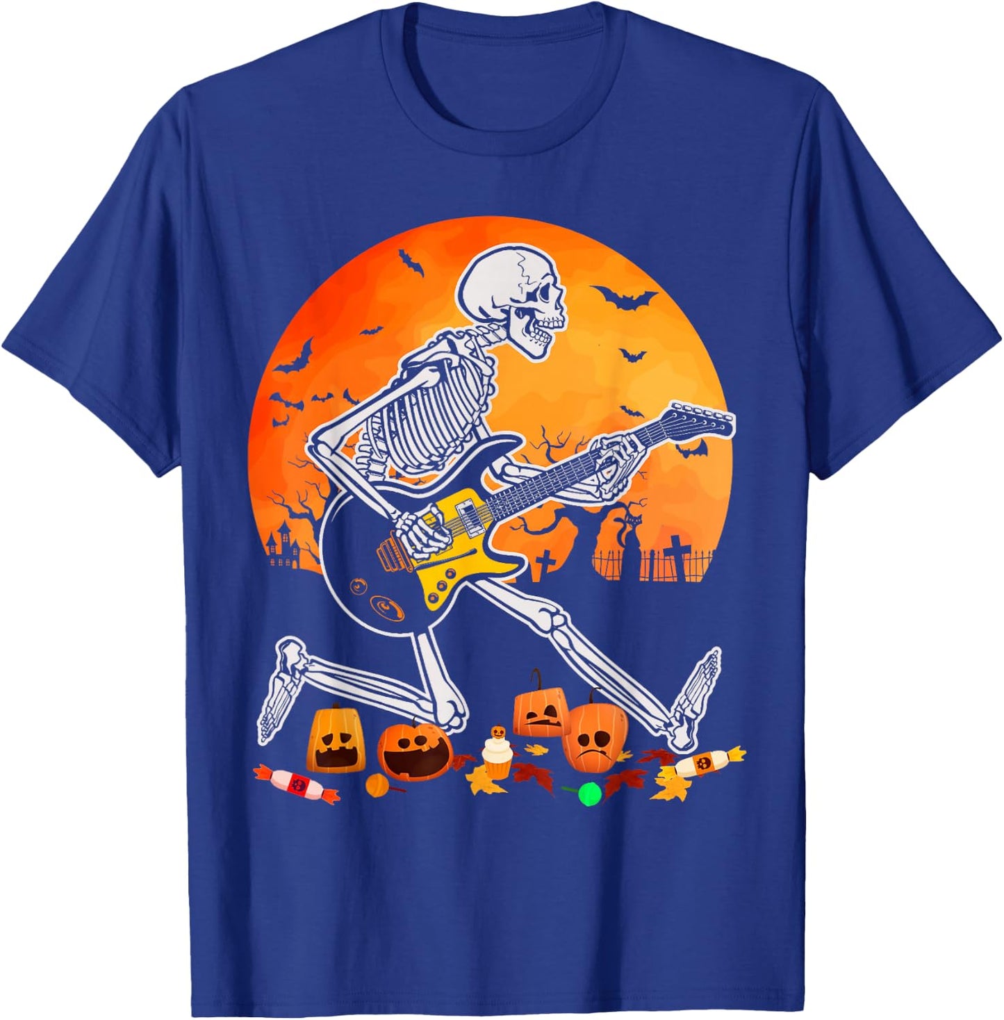 Skeleton Playing Bass Guitar Halloween Electric Acoustic T-Shirt - T-Shirt | Royal