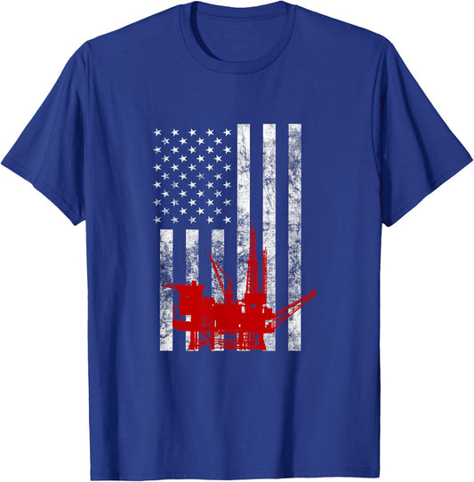 Oil Rig Drilling US Flag Oilfield Worker American Oil Worker T-Shirt - T-Shirt | Royal
