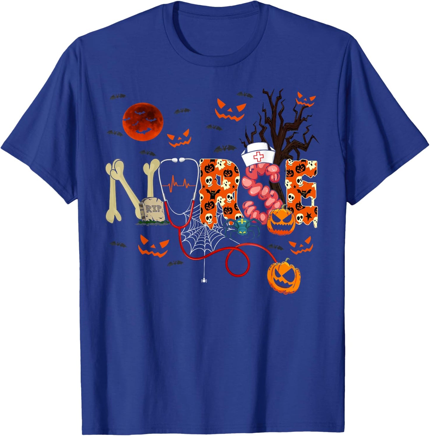 Nurse Funny Stethoscope Nurse Pumpkin Skull Lover Halloween T-Shirt - T-Shirt | Royal