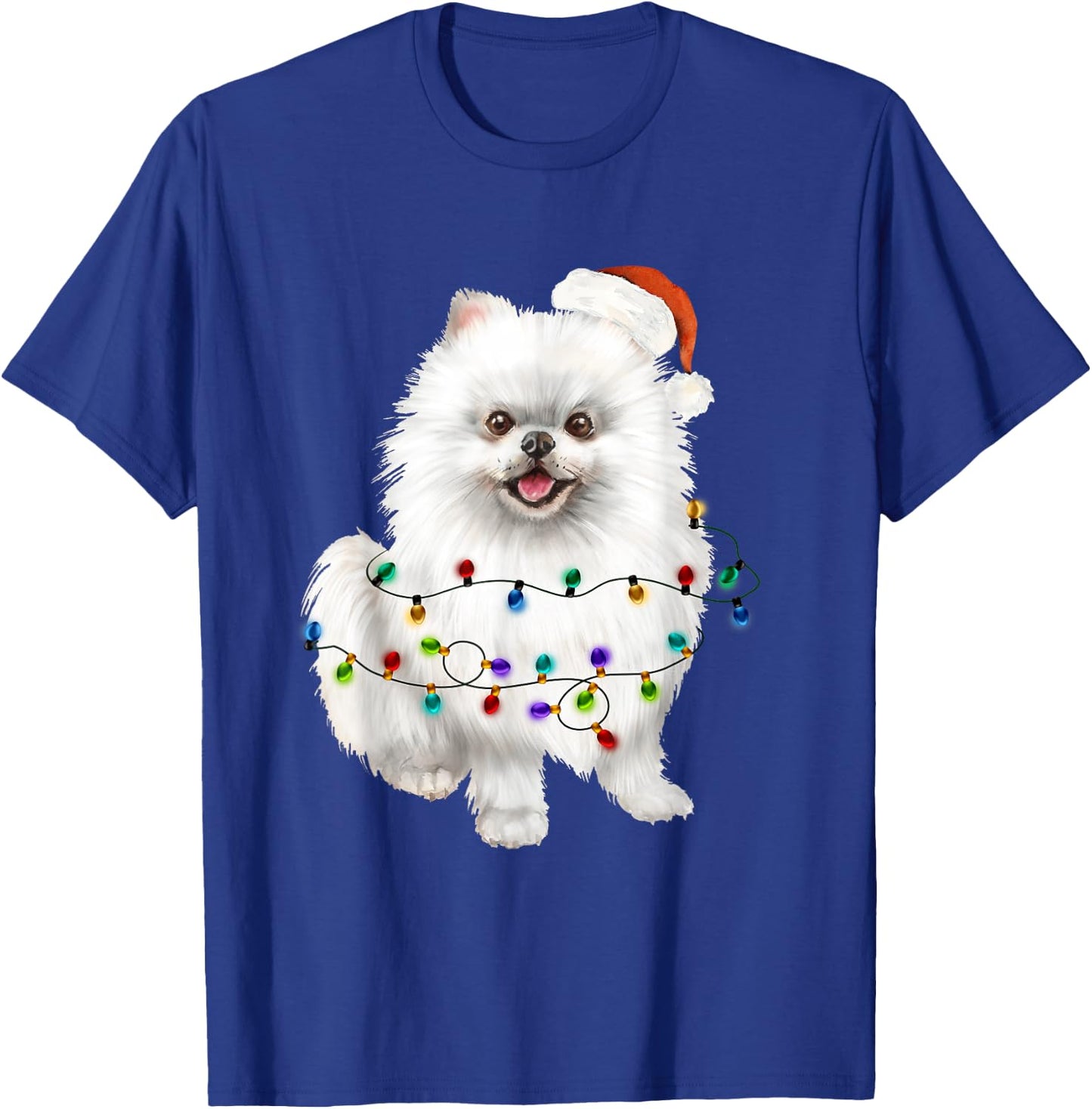 Pomeranian White Santa Christmas Tree Lights Xmas Dog Lover T-Shirt - T-Shirt | Royal