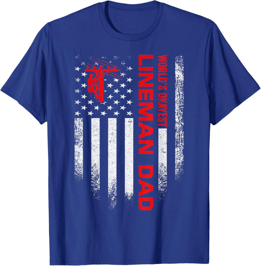 Vintage USA American Flag World's Okayest Lineman Dad Funny T-Shirt - T-Shirt | Royal