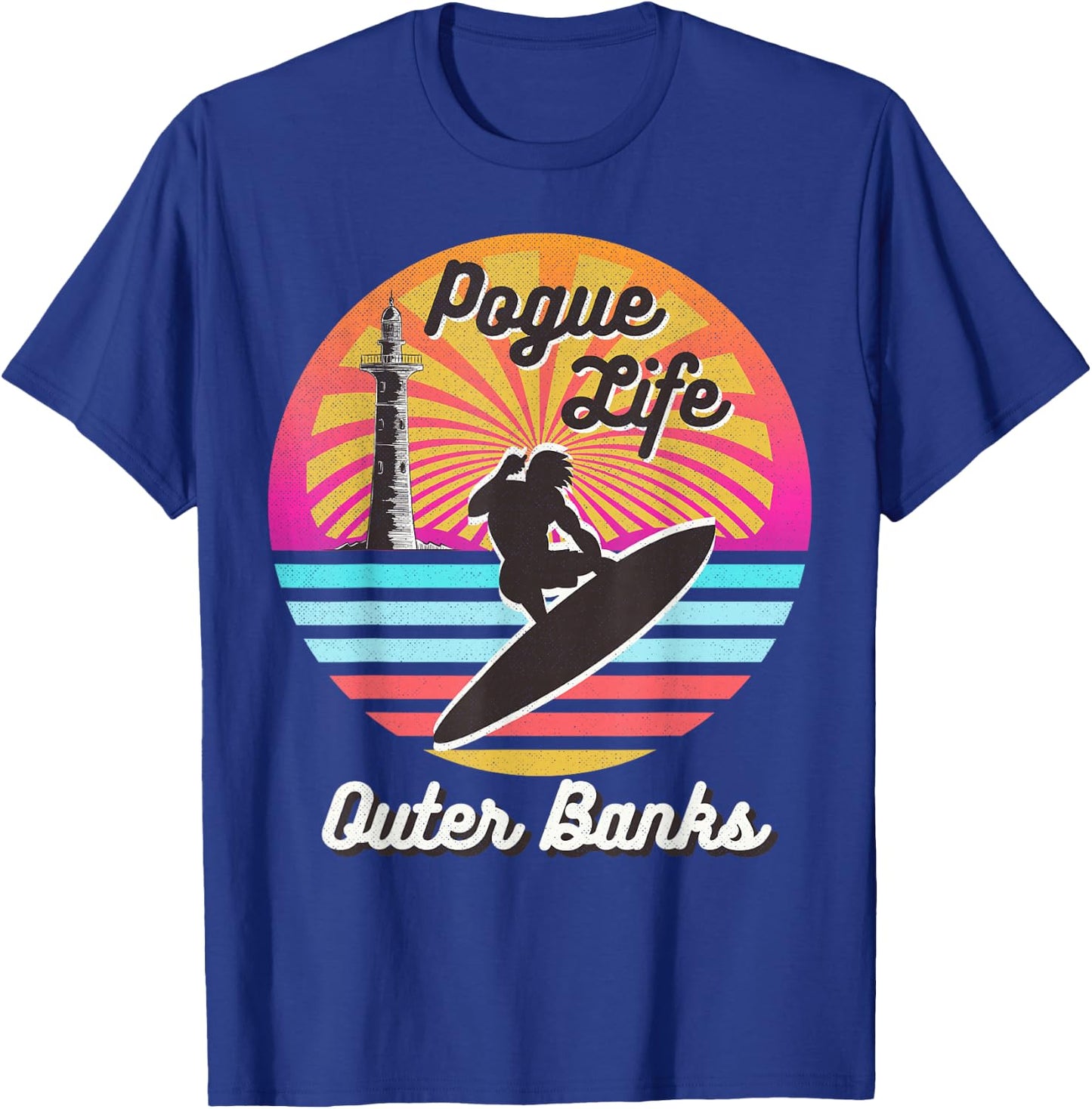 Surfer Pogue-Life-Outer-Banks Light Houses Retro Distressed T-Shirt - T-Shirt | Royal