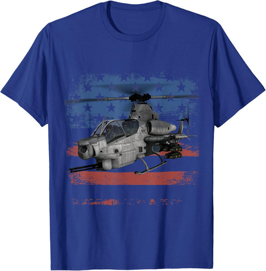 AH-1 Cobra Attack Helicopter Military Distressed US Flag T-Shirt - T-Shirt | Royal