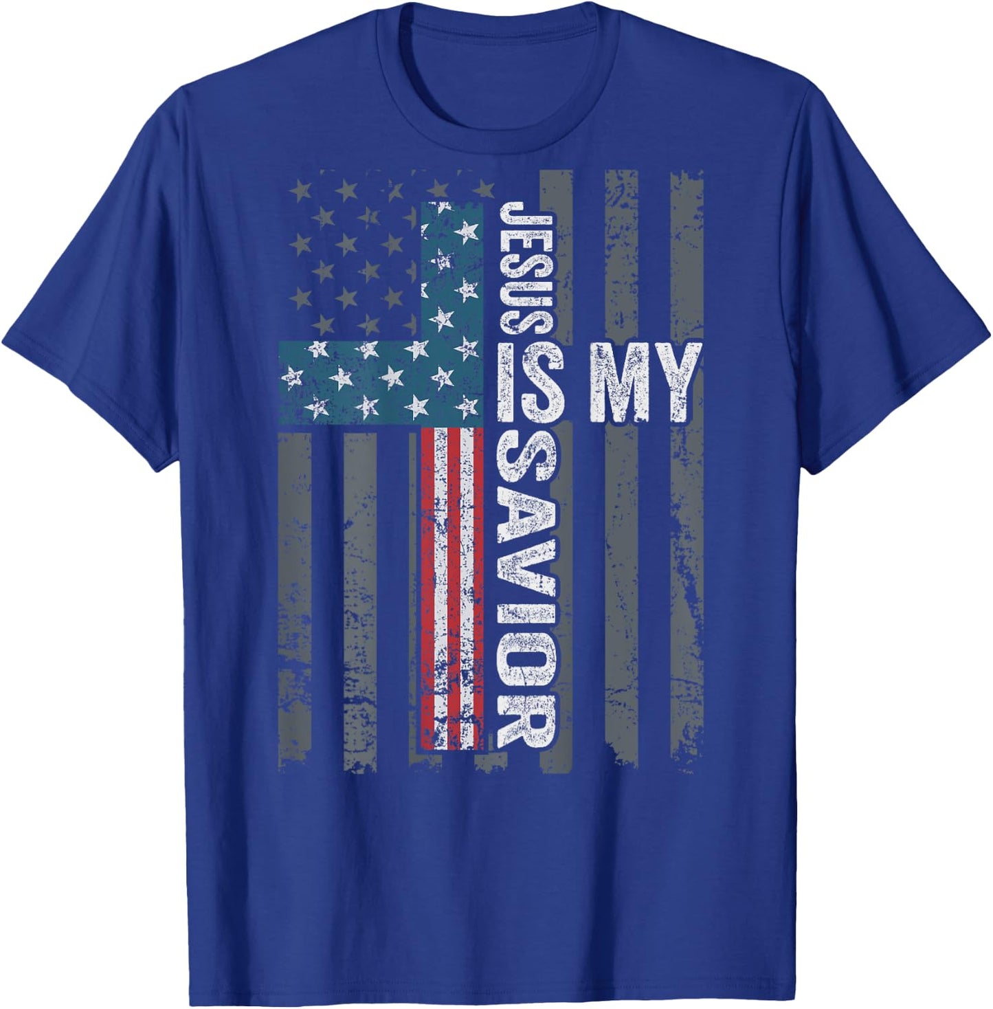 Jesus Is My Savior, Patriotic Christian Faith Cross ON BACK Women Kids Men T-Shirt - T-Shirt | Royal