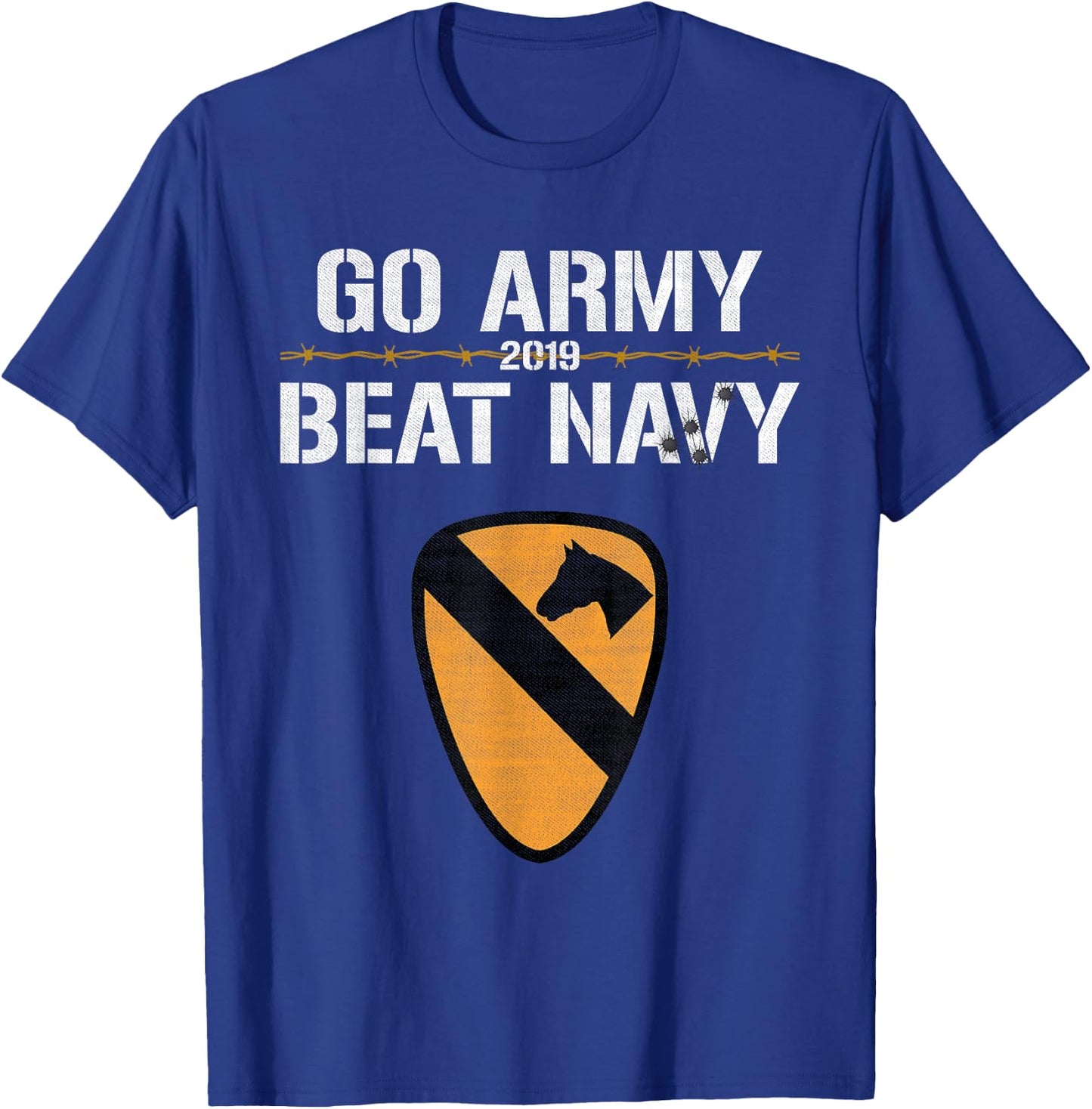 Veterans & Armed Forces Design (VAFD) 2019 Go Army! Beat Navy! Barbed Wire, Bullet Holes & Cavalry - Black, , Short Sleeve, , Modern Style, Military Theme, Adult Size: Small T-Shirt - T-Shirt | Royal