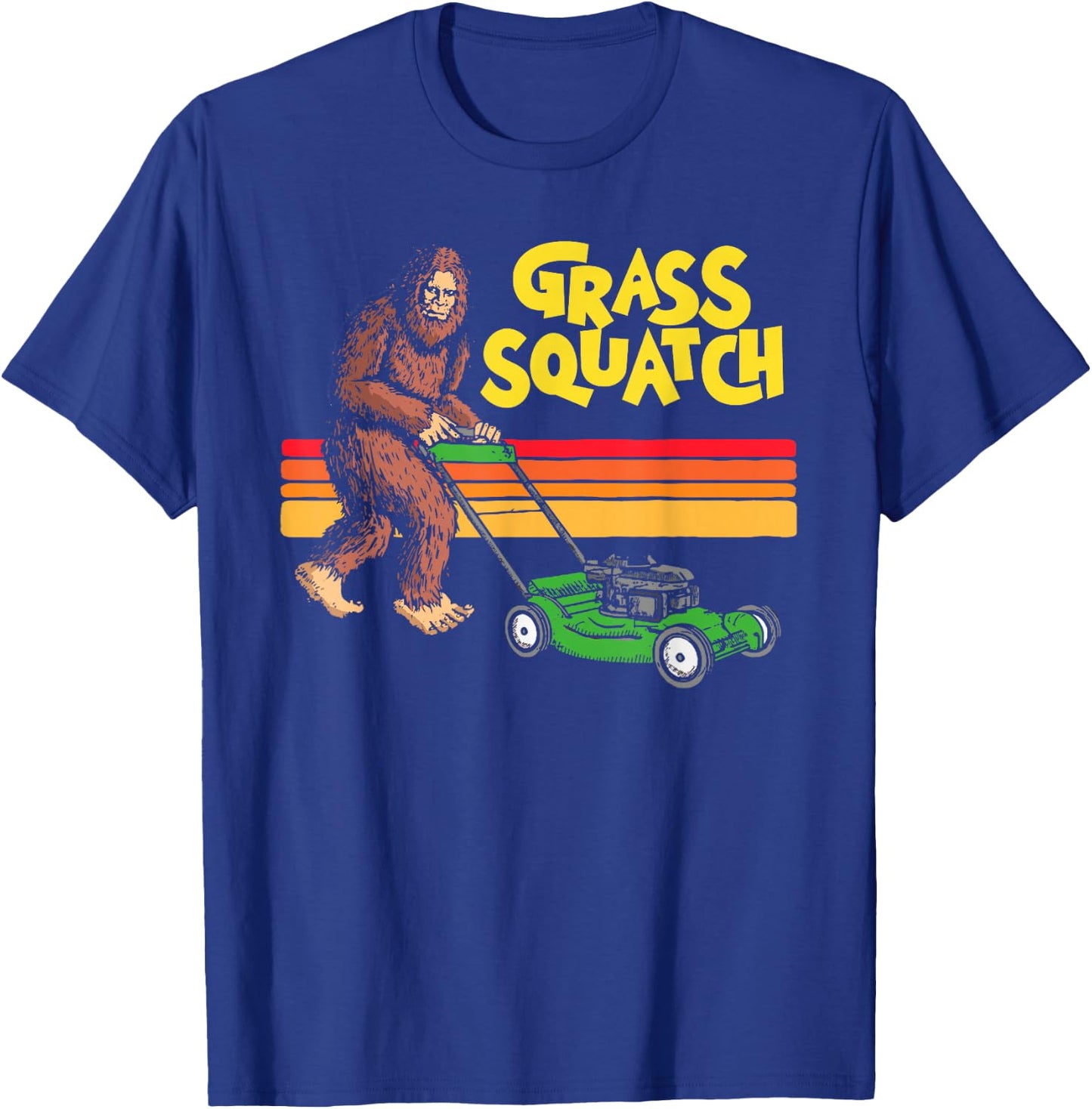 GrassSquatch! Push Lawn Mower Funny Bigfoot Sasquatch 80s T-Shirt - T-Shirt | Royal