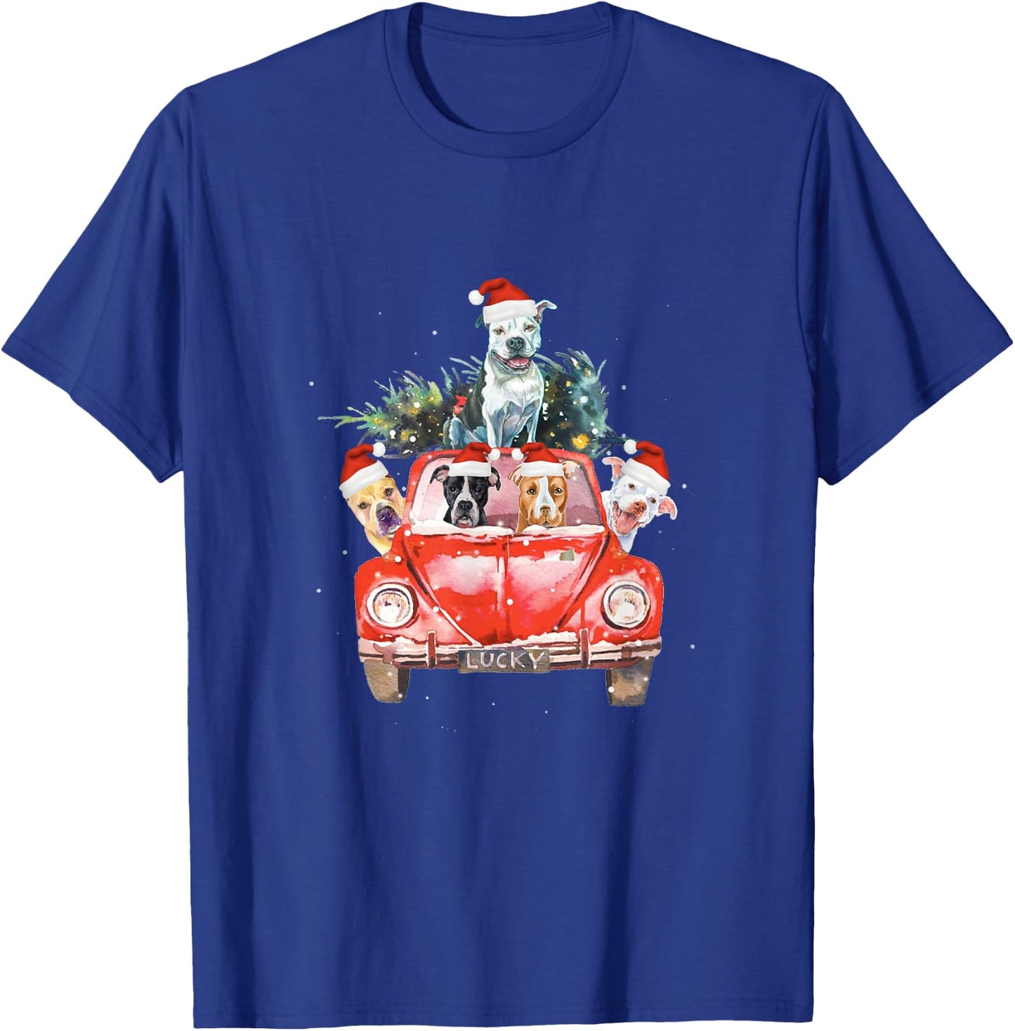 Pitbull Riding Red Truck Christmas Tree Santa Pitbull Xmas T-Shirt - T-Shirt | Royal