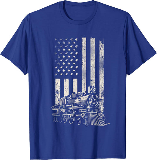Steam Train Driver Trainspotting Locomotive American Flag T-Shirt - T-Shirt | Royal